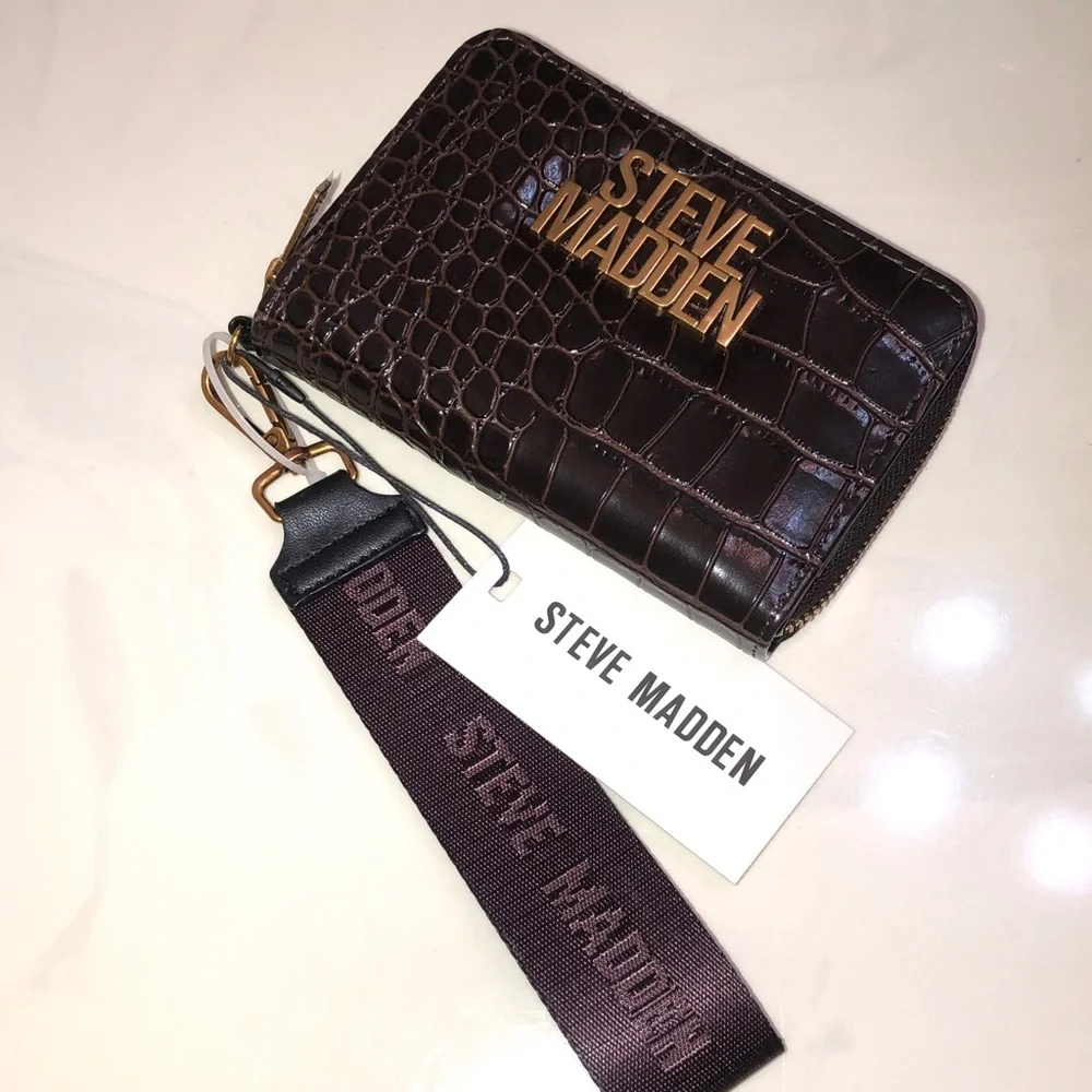 Steve Madden BJESS Brown Multi Faux Leather Croc Embossed ZA Wallet + Strap NWT